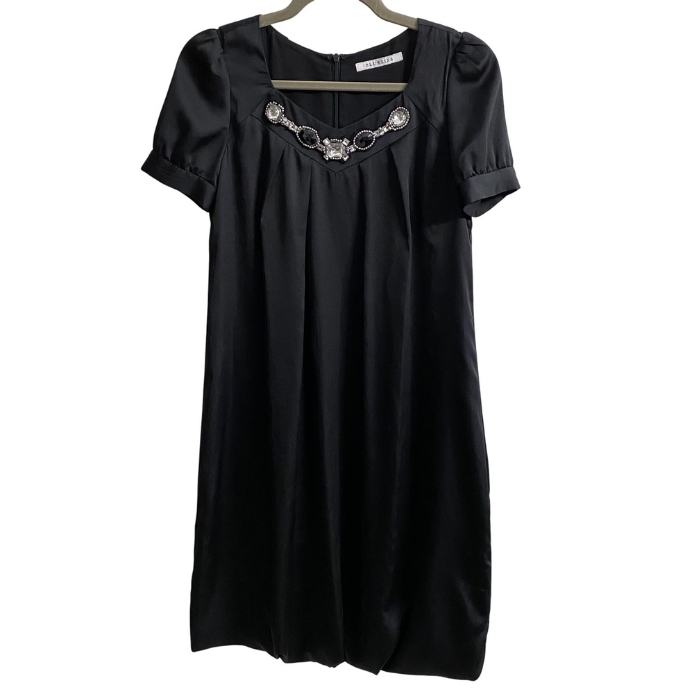 BLUREISS Black Jeweled Neckline Bubble Hem Shift Dress Puff Sleeve Size 55 Small